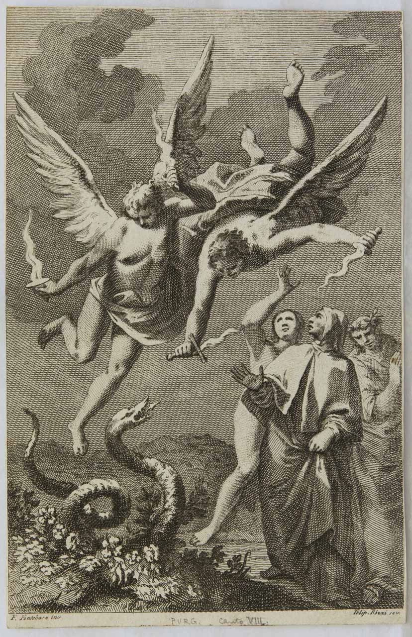 Gli angeli mettono in fuga il serpente davanti a Dante e Virgilio